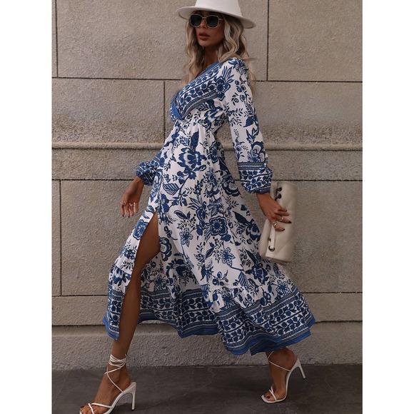 Floral Print Lantern long Sleeve Split Thigh midi dress blue white boho - Picture 6 of 7